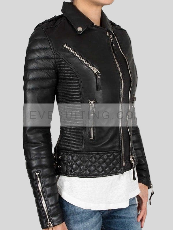 Biker Quilted Leather Jacket For Women's