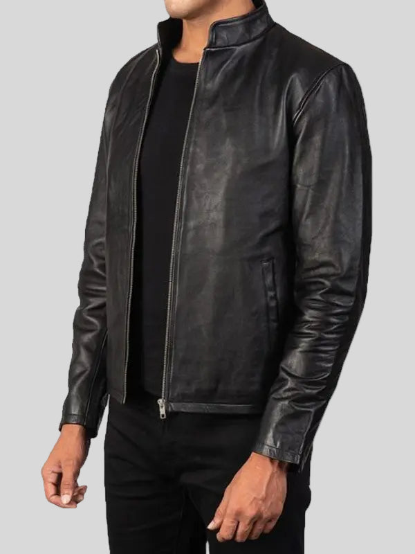 Black Cafe Racer Cowhide Leather Jacket For Men's