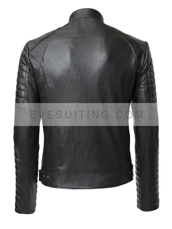 Black Padded Leather Slim Fit Cafe Racer Jacket For Men