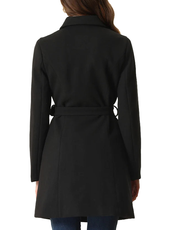 Black Wool Belted Long Peacoat For Women