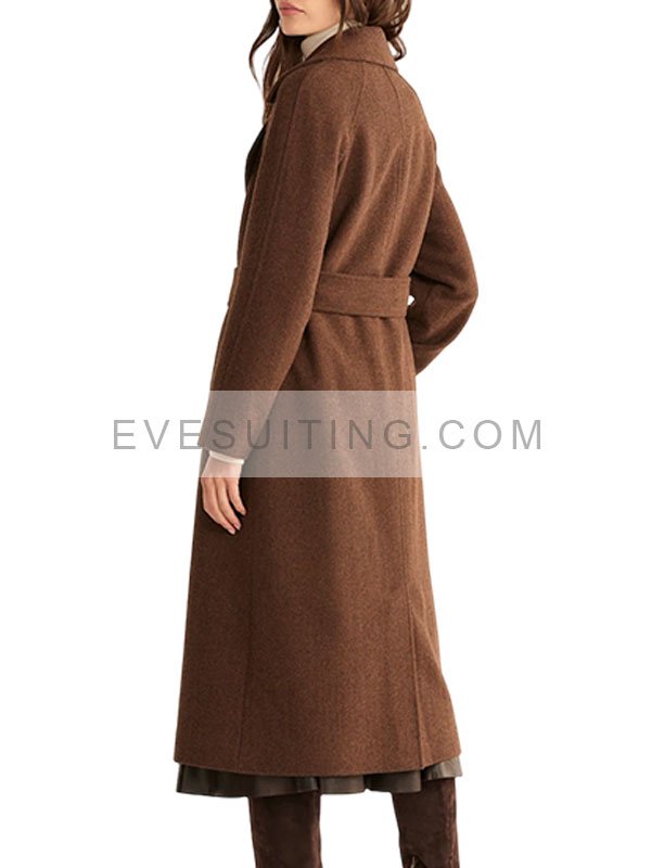 Brown Wool Double Breasted Belted Coat