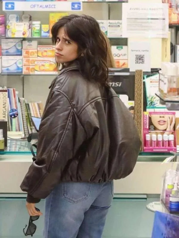 Camila Cabello 2025 Oversized Brown Bomber Leather Jacket