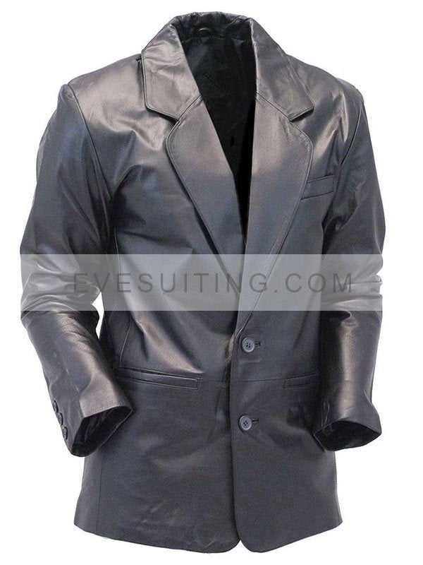 Casual Two Button Black Leather Blazer For Mens