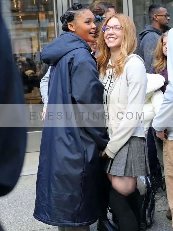 Celeste O’Connor Madame Web 2024 Mattie Franklin Blue Hooded Trench Coat