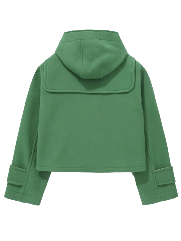 Classic Fit Short Green Wool Hooded Toggle Duffle Coat For Women