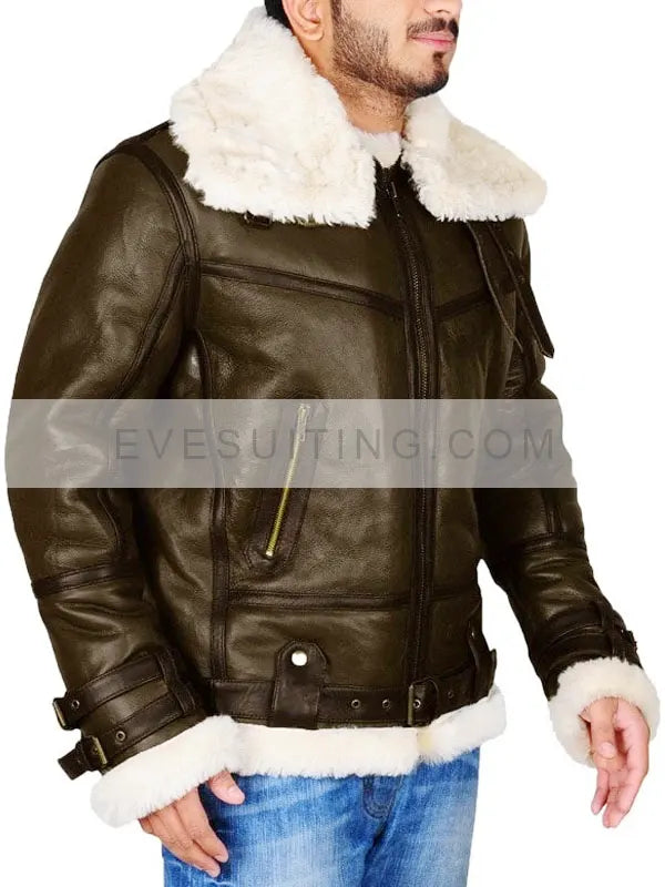 Dark Brown Shearling Bomber Leather Aviator Winter Jacket