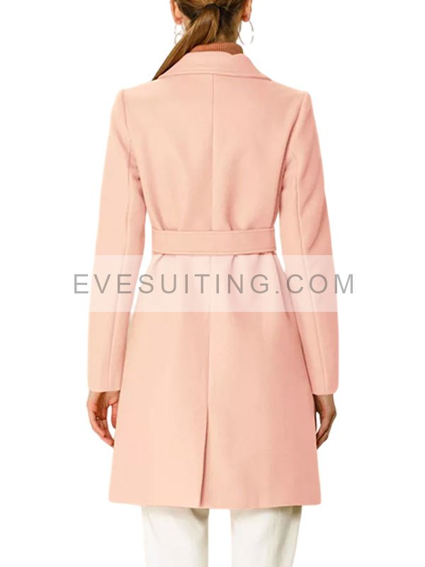 Double Breasted Belted Pink Trench Coat For Women's