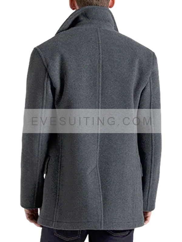 Double Breasted Grey Wool Peacoat For Men's