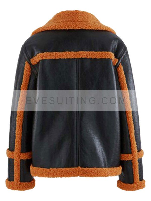 Jessica Black Bomber Shearling Sheepskin Winter Leather Jacket