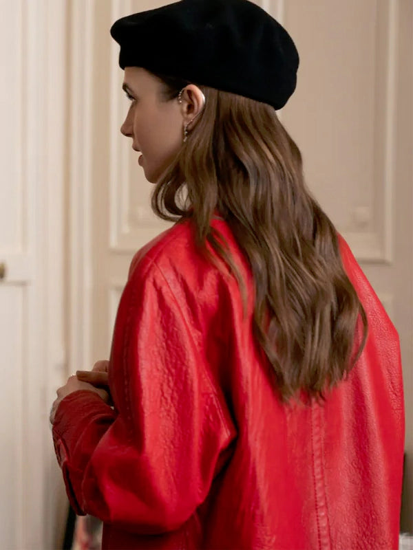 Lily Collins Emily In Paris S04 Emily Cooper Red Leather Trench Coat