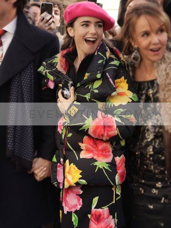 Lily Collins Hooded Floral Puffer Jacket