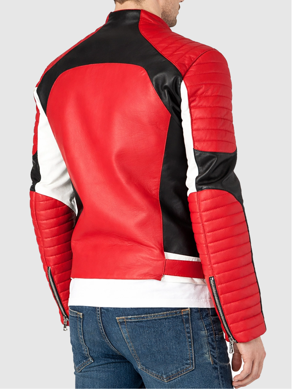 Men's Padded Red Leather Moto Biker Jacket