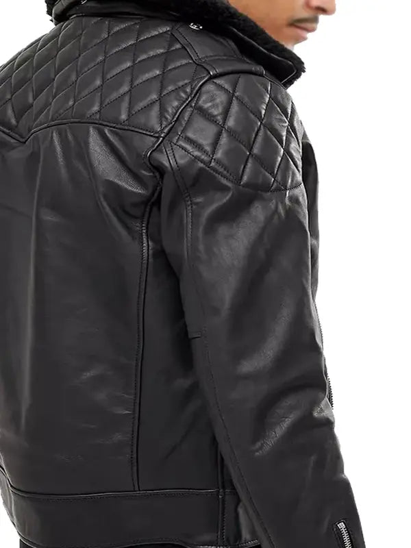 Men's Biker Black Leather Jacket With Fur Collar