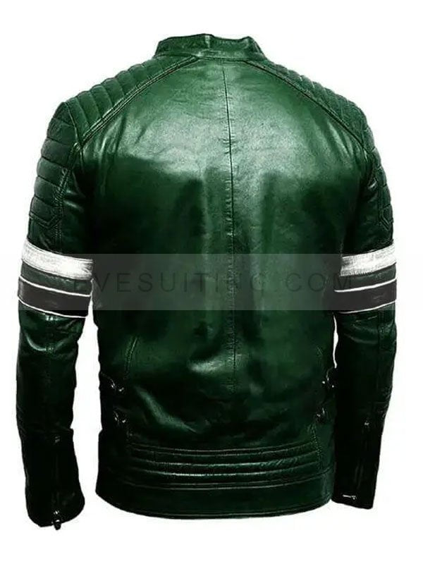 Men's Genuine Green Leather Jacket Combination With White