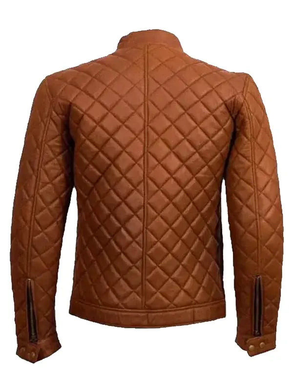 Mens Quilted Cafe Racer Brown Leather Jacket