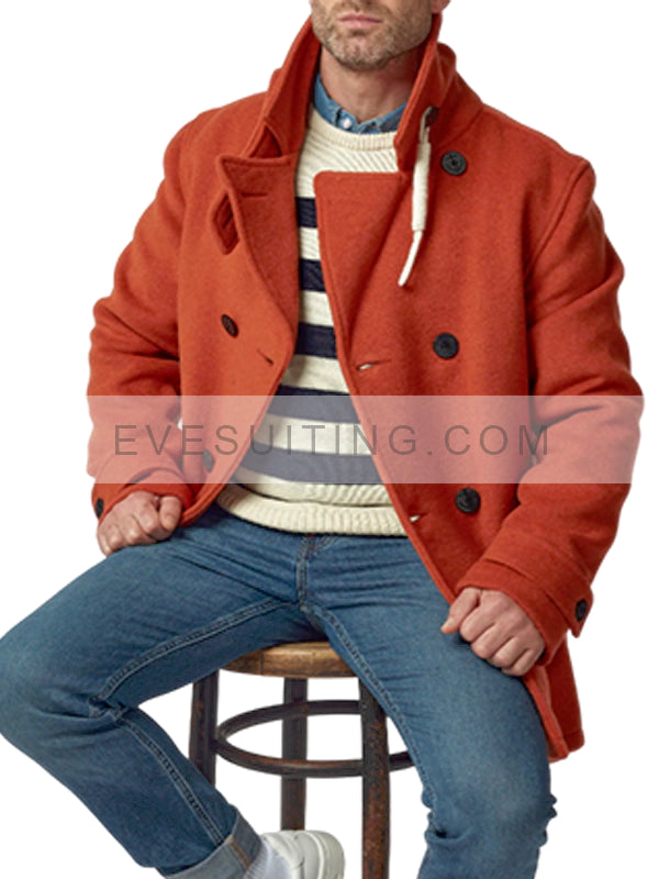 Orange Wool Peacoat For Men's