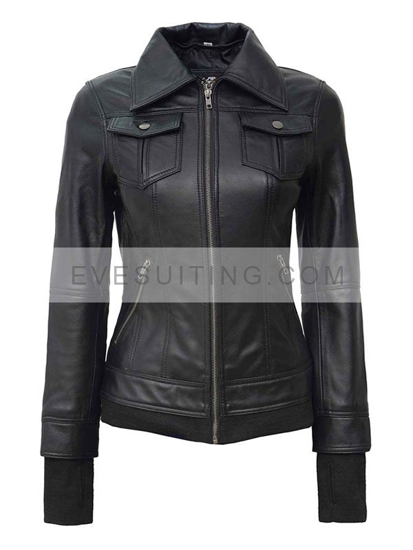 Removable Hooded Bomber Leather Jacket For Women