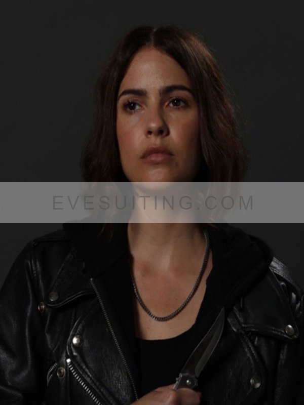 Shelley Henni Movie Cult Killer 2024 Jamie Douglas Black Leather Jacket