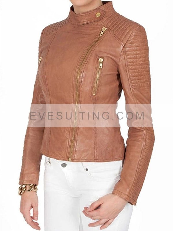 Womens Padded Tan Brown Leather Biker Motorcycle Jacket