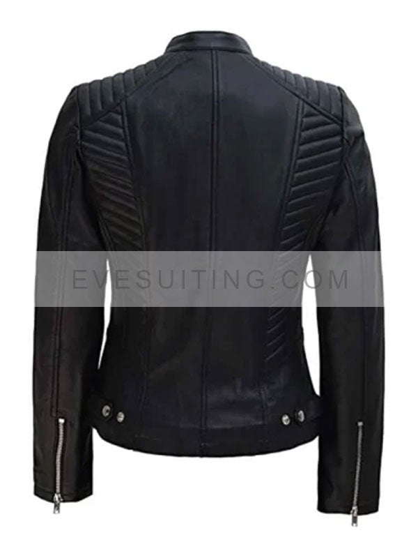 Womens Stylish Black Padded Cafe Racer Biker Leather Jacket