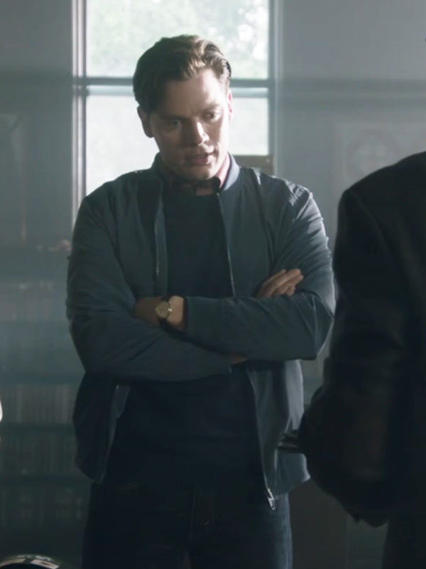 Brian Movie Haunted Wedding 2024 Dominic Sherwood Grey Bomber Jacket