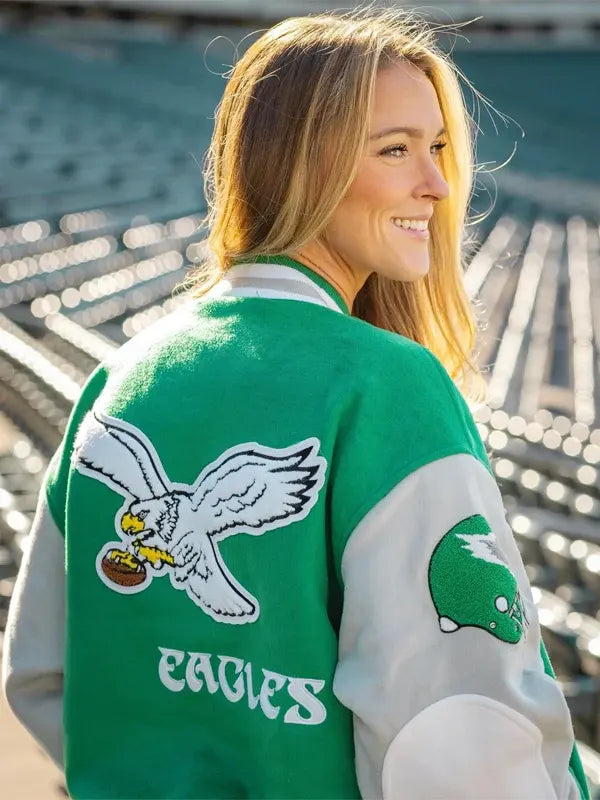 Philadelphia Eagles Kylie Kelce 90s Princess Diana Inspired Letterman Jacket