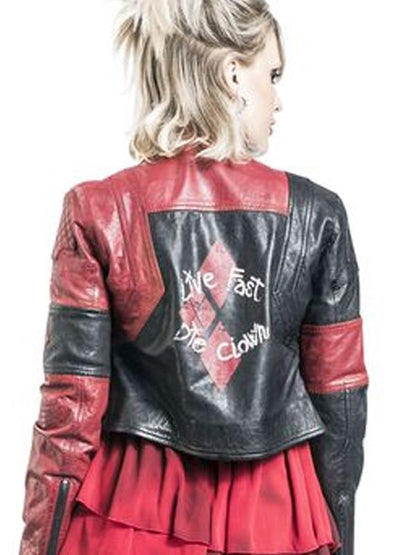Harley Quinn Live Fast Die Clown Red Leather Jacket