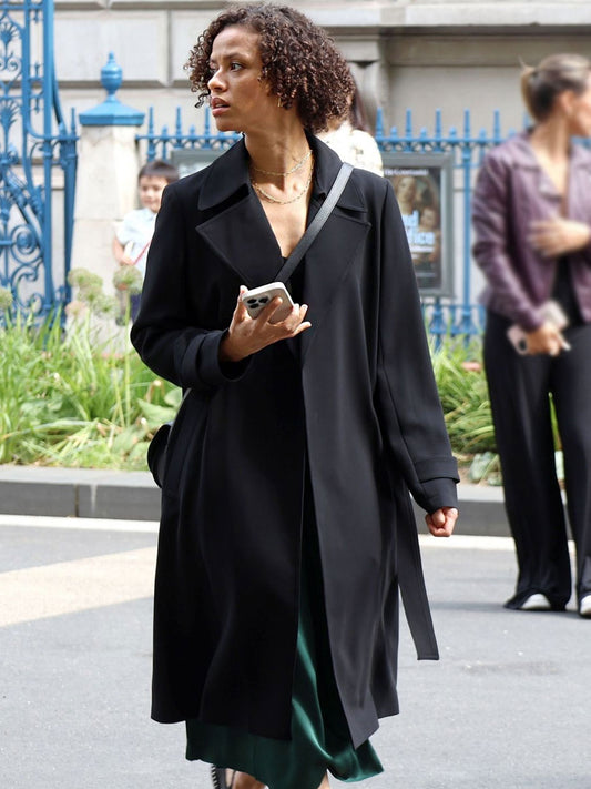 Abby Lift 2024 Gugu Mbatha-Raw long black trench coat