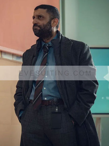 Adeel Akhtar Fool Me Once S01 DS Sami Kierce Grey Wool Trench Coat
