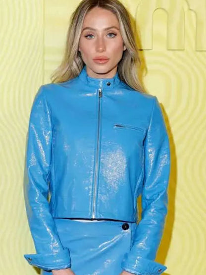 Alix Earle Paris Fashion Week 2025 Blue Leather Jacket