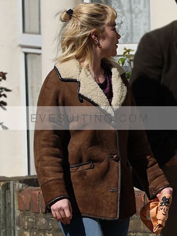 Almut Movie We Live in Time 2025 Florence Pugh Brown Leather Shearling Jacket