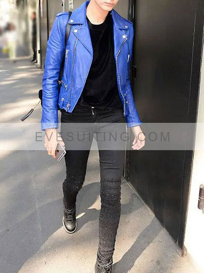 American Hailey Baldwin Blue Motorcycle Jacket 