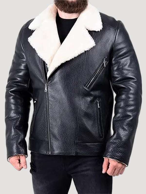 Andrew Biker Style Black Leather White Shearling Jacket