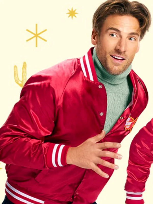 Andrew W. Walker Movie Jingle Bell Run 2024 Wes Red Satin Bomber Jacket