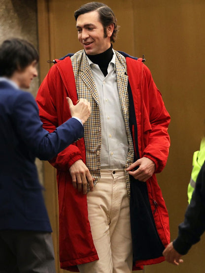 Andy Kaufman Movie Saturday Night 2024 Nicholas Braun Red Hooded Coat