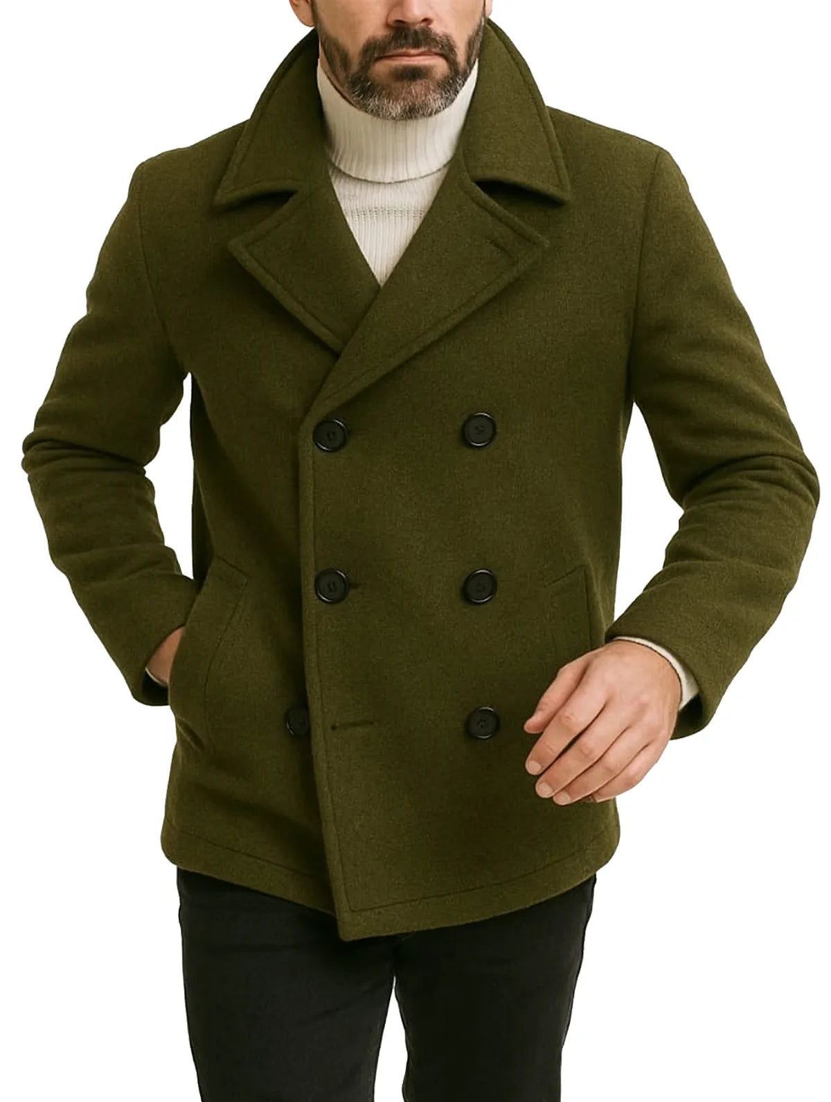 Army Green Wool Peacoat For Men