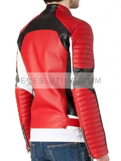 Asymmetrical Belted Black And Red Leather Jacket  