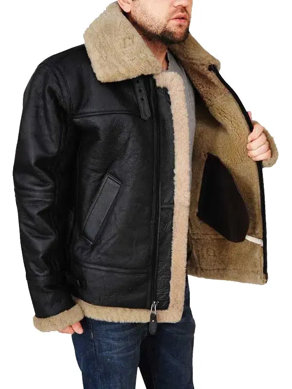 Aviator Shearling Bomber BlacK Leather Jacket For Men