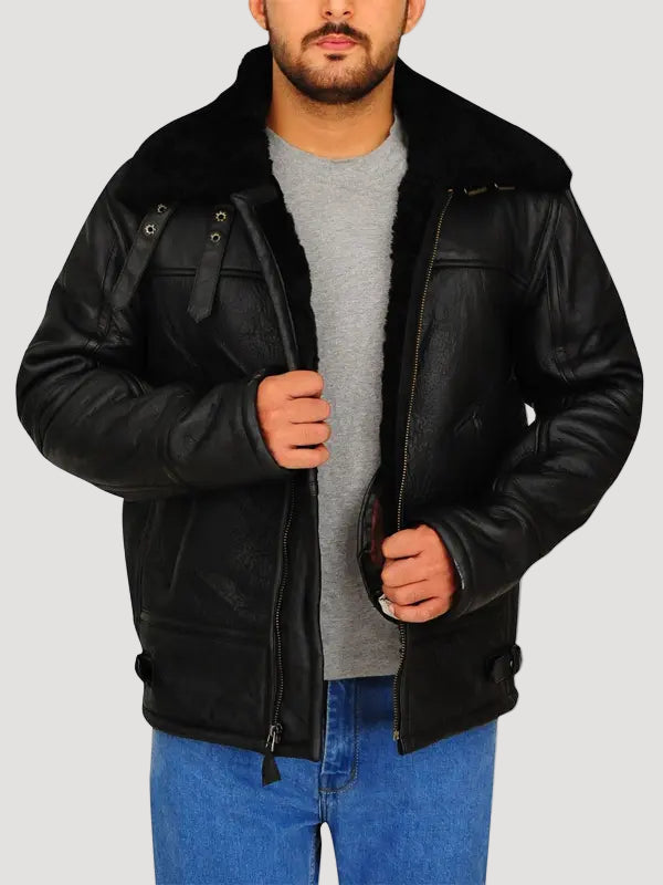 B3 Aviator Black Leather Bomber Jacket