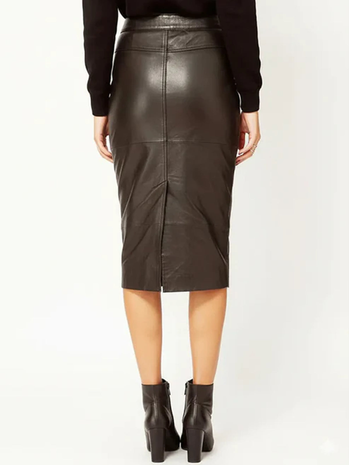 Women's Black Real Leather Midi Skirt
