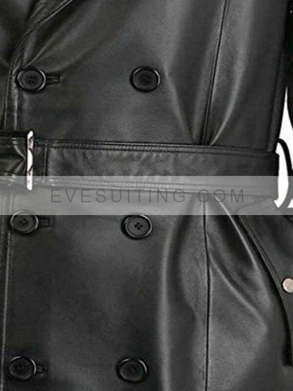 Belted Black Leather Trench Coat