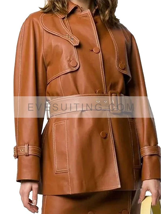 Belted Leather Brown Jacket For Womens