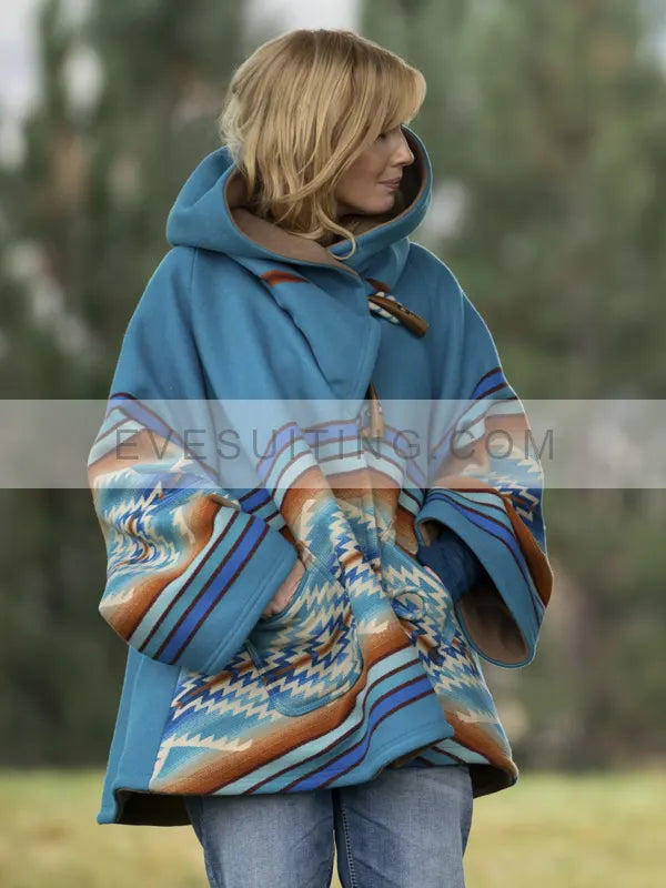 Beth Dutton Tv Series Yellowstone S03 Kelly Reilly Blue Poncho Coat