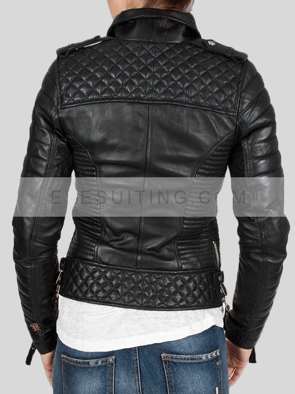 Biker Quilted Black Leather Jacket For Women's