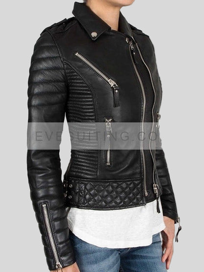 Biker Quilted Leather Jacket For Women's