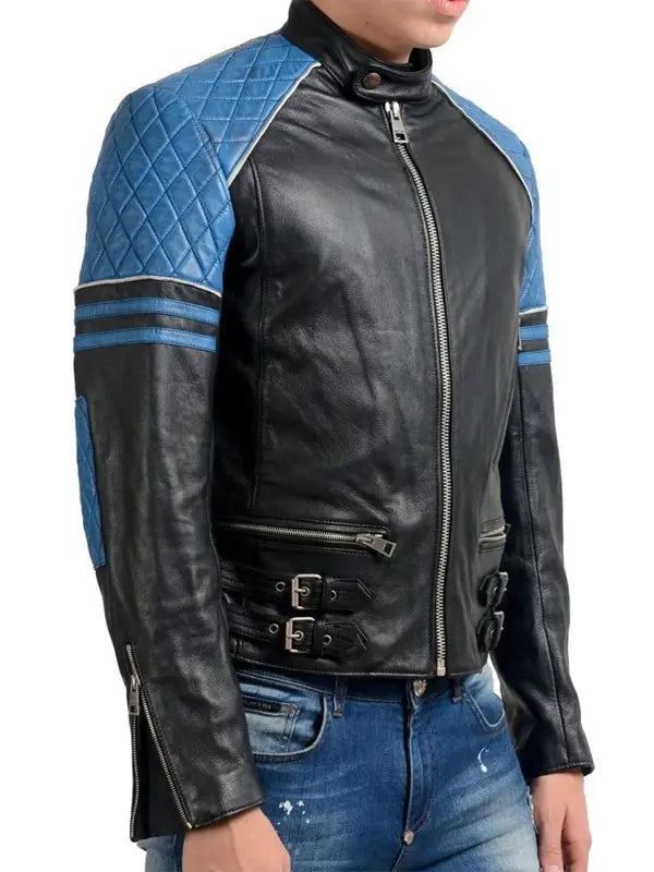 Black And Blue Quilted Biker Leather Jacket For Men
