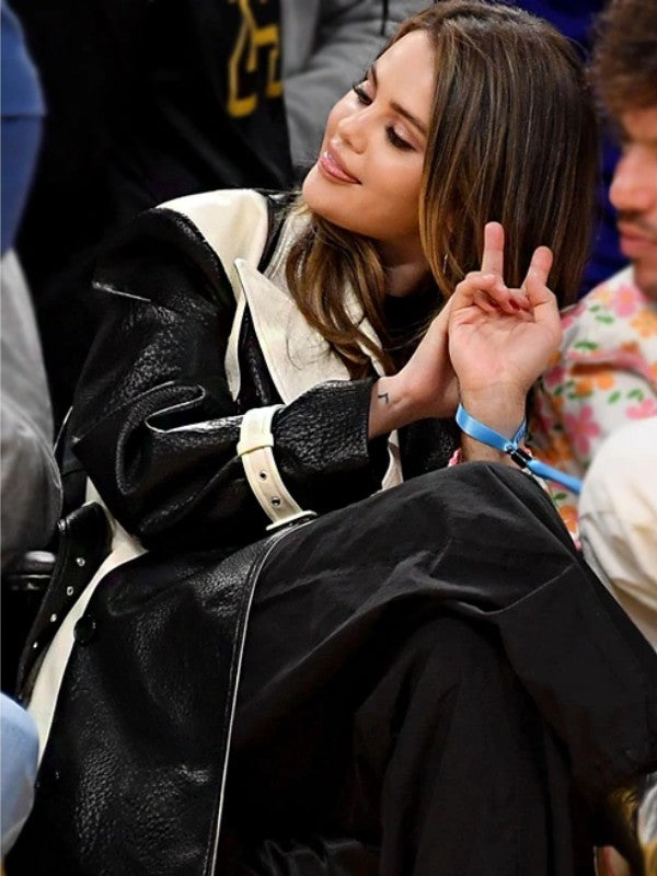 Black And White Selena Gomez Long Leather Coat