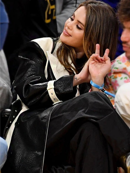Black And White Selena Gomez Long Leather Coat