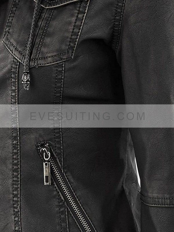 Black Biker Leather Hooded Jacket