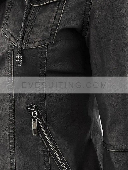 Black Biker Leather Hooded Jacket